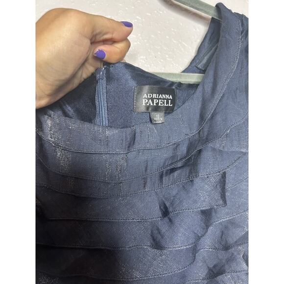 Adrianna Papell Ruffled Shimmer Sheath Dress Navy Blue Cap Sleeves Size 10 - Picture 4 of 6